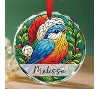 Ornement de Noël en verre personnalisé en forme d'oiseau de rossignol 2025, cadeaux pour maman, papa, amateurs de rossignol, décoration de Noël en verre teinté avec nom, oiseau avec chapeau de Père
