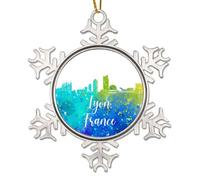 Ornement de Noël France Lyon City Skyline Arbre de Noël à suspendre, Aquarelle Art Paysage urbain Flocon de neige en métal Ornement cadeau pour amis, famille, décoration de fête 7,6 cm