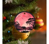 Ornement de Noël rond en céramique à suspendre - 7,1 cm - Motif lune et éléphants - Avec corde dorée - Pour cheminée, fête de vacances