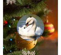 Ornement de Noël rond en céramique à suspendre de 7,1 cm - Joli petit cygne - Avec corde dorée - Pour cheminée, fête de vacances