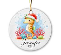 Ornement d'hippocampe de Noël avec chapeau de Père Noël, décoration personnalisée en céramique pour le premier Noël de bébé 2025, cadeau d'amoureux d'hippocampe, ornements d'animaux marins