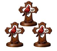 Ornement en Bois Fait Main Représentant Une Croix Et Un Cardinal, Wooden Memorial Gift with Crimson Cardinal and Olives Branch Design for Bereavement Sympathy, Wooden Cardinal Ornament for Home(3PC)