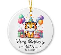 Ornement en Céramique Bébé Tigre Personnalisé avec Gâteau d'anniversaire Nom Personnalisé Tigre Portant Un Chapeau De Fête Arbre De Noël Ornements Vintage Boule De Noëls pour 7.3CM