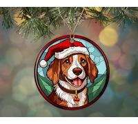 Ornement en Céramique Chien Taché De Bretagne Religieux Imprimé des Deux Côtés Céramique À Suspendre Ornements Décoration d'arbre De Noël Détachables Pendentifs Décoration pour Enfant Fête 7.3CM