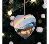 Ornement en céramique en forme de cœur avec corde dorée - Avion de passagers après la pluie - Décoration de Noël 2025 - Souvenir commémoratif - Décoration d'arbre de Noël à suspendre - Idées cadeaux