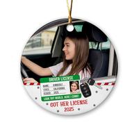 Ornement en céramique personnalisé Got Her License 2025, cadeau personnalisé pour adolescente, cadre photo de permis de conduire, décorations de Noël, souvenir des vacances du conducteur