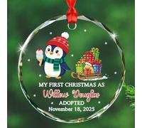 Ornement en verre « My First Christmas As Adopted », nom personnalisé de la date bébé pingouin adopté, ornements en verre d'adoption personnalisés, cadeau de parents adoptifs de la famille, décoration