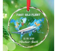 Ornement en verre personnalisé avec nom et date du premier vol solitaire, ornement volant en avion à suspendre, décoration souvenir de Noël pilote, ornements en verre d'aviation pilote de Noël 2025