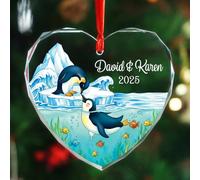 Ornement en verre personnalisé en forme de cœur en forme de couple de pingouins à suspendre pour sapin de Noël, cadeau pour Mr & Mrs fiancés couples mariés pour un anniversaire de mariage, souvenir