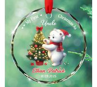 Ornement en verre personnalisé My First Christmas As Uncle, date et nom personnalisés, ours polaire mignon, souvenir, cadeau de nièce, neveu, 1er Noël en tant qu'oncle, décoration d'ours polaire pour