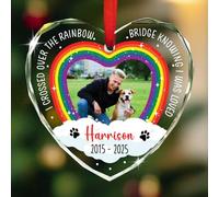Ornement en verre souvenir personnalisé, décorations en forme de cœur de condoléances de chien avec photo, décorations en forme de cœur avec photo « I Crossed Over The Rainbow Bridge » - Décoration de