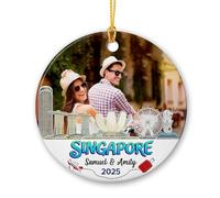 Ornement personnalisé à Singapour, ajoutez une photo à Singapour - Ornements souvenirs de voyage de paysage urbain personnalisé, ornements en céramique de voyage en Asie, cadeau souvenir de voyage