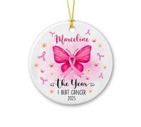 Ornement personnalisé en ruban rose contre le cancer du sein, décoration papillon de sensibilisation au cancer du sein, cadeaux de motivation, ornement personnalisé de guerrier du cancer du nom/année