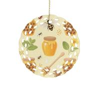 Ornement rond en céramique de 8,1 cm, design élégant de découpe, abeilles et miel, décorations de Noël décoratives à suspendre pour arbres de Noël, décoration de fête de vacances