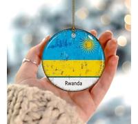 Ornement souvenir du Rwanda - Drapeau national - Cadeaux nautiques ronds - Décoration de sapin de Noël en céramique rustique - Drapeau du monde des pays - Festival international - Boule de Noël pour