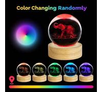 Ornement sphère de cristal d'éléphant gravé au laser 3D avec base en bois, globe de cristal à lueur multicolore automatique, décoration de table, cadeau souvenir animal de la faune pour la maison, la