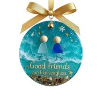 Ornements d'amitié - Pendentif en verre de mer fait à la main - Décoration de Noël durable - Décoration de Noël pour sœur, partenaire, collège, boîte de livres, bureau, porte, fenêtre, entrée
