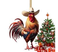 Ornements d'arbre de Noël avec poulet Ornement de poulet Cowboy en acrylique - Décoration de Noël plate 2D pour sapin de Noël ou voiture | Mignon coq à suspendre, style rustique et amusant