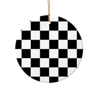 Ornements d'arbre en céramique à carreaux noirs et blancs imprimés drapeau de course - Décoration d'intérieur festive à suspendre avec ficelle dorée