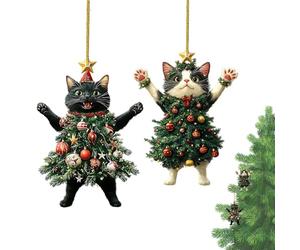 Ornements De Chat pour Sapin De Noël,Enseigne De Fête en Forme De Chat Mignon | 2 Pièces Décorations De Noël en Acrylique 2D - pour Cheminée Porche Jardin Patio Intérieur Extérieur Décoration