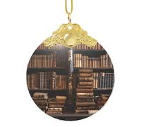 Ornements de Noël 2025 en verre à suspendre en forme de sapin de Noël - Ornements souvenirs amusants - Vieux livres dans la bibliothèque - Décoration de Noël ronde à suspendre pour l'hiver