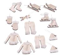 Ornements de Noël en Bois 16 pièces Mini décorations de Sapin Noël en Bois à Suspendre avec Mini Chaussettes, Gants, traîneau, Raquettes, Poteau Luge, vêtements, Pantalons et Chapeau, Ornements