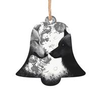 Ornements de Noël en bois en forme de cloche, loups aiment sous la lune, animaux sauvages à suspendre pour sapin de Noël, étiquettes de vœux de Noël rustiques à suspendre pour décoration de Noël