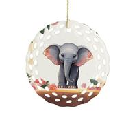 Ornements de Noël en céramique - Éléphant porte-bonheur - 7,6 cm - Rond - Double face - Avec ruban doré - Décoration de Noël - Cadeau pour la famille et les amis