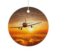 Ornements de Noël en céramique en forme d'avion au coucher du soleil, 7,6 cm - Décoration ronde double face à suspendre pour maison, fête, hôtel, cadeau pour enseignant, voisin, ami