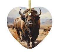 Ornements de Noël en céramique en forme de cœur en forme de troupeau de bison d'Amérique du Nord - Convient pour accrocher sur les rebords de fenêtre et les cheminées