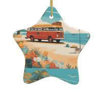 Ornements de Noël en céramique en forme d'étoile YYHWHJDE Bus Plage Scène de bord de mer Impression Arbre de Noël Accessoires pour centres commerciaux fenêtres et bureaux