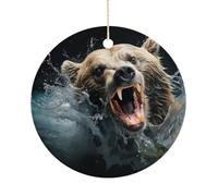 Ornements de Noël en céramique en forme d'ours tenant un poisson, 7,6 cm - Décoration ronde double face à suspendre pour maison, fête, hôtel, cadeau pour enseignant, voisin, ami