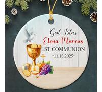 Ornements De Noël en Céramique Que Dieu Vous Bénisse ! Première Communion Personnalisée (Date Et Nom) Rond Noël Suspendus Élégant Pendentifs pour Famille Salon Vacances