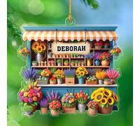 Ornements de Noël en forme de magasin de fleurs, décoration de Noël personnalisée en acrylique avec nom, décoration d'arbre de Noël fleuriste 2025, cadeau d'ornement de magasin de fleurs personnalisé