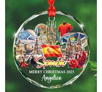 Ornements de Noël en verre personnalisés 2025, paysage urbain espagnol, souvenir de Noël, cadeau pour papa, maman, fille, fils, texte et nom personnalisés, souvenir de voyage, cadeau pour les amateurs