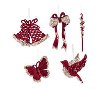 Ornements De Noël Flockés 5pcs Paillettes pour décor pour arbre | Fabriqué en plastique léger avec motifs papillon oiseau creux bande glace double cloche pour facile à accrocher