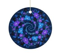 Ornements de Noël floraux en céramique bleue - Violet - Noir - 7,6 cm - Décoration ronde double face à suspendre pour maison, fête, hôtel, cadeau pour enseignant, voisin, ami