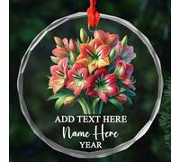 Ornements de Noël personnalisés en verre Amaryllis, décoration de Noël Amaryllis cadeau pour femme, maman, sa meilleure amie, texte personnalisé année et nom Ornements en verre en forme de fleur