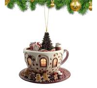 Ornements de Noël - Portable Tree Decor Coffee Cup Pendent pour Hommes, Conception de bibliothèque en Acrylique avec Snow House, décoration de Vacances pour la, Chevet, Lieu de Travail, intér