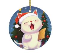 Ornements de Noël ronds en céramique avec motif de chat mignon chantant des chants de Noël, décoration de sapin de Noël, décoration d'intérieur et d'extérieur à suspendre pour les vacances, la fête de