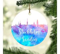 Ornements De Noël Suède Stockholm Aquarelle Colorée Encre Ville Silhouette Déco Festive À Suspendre avec Corde Personnalisable Noël Ornements