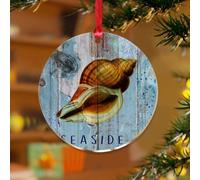 Ornements de Noël sur le thème de la plage nautique, escargot de mer, corail, poisson, tortues, souvenir personnalisé, disques en acrylique transparent, texture bois bleu, pendentif côtier pour