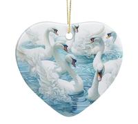 Ornements Dessin De Sept Cygnes : Un Magnifique Cygne Blanc Romantique De Dessin Animé Nageant Hanging Céramique Noël Ornement pour Maison Fête Bureau