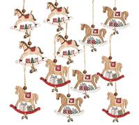 Ornements en Bois Cheval à Bascule, Lot de 12: Breloques Noël rustiques pour décoration Sapin, pendentifs Cadeaux, déco Festive Rouge et Blanche avec grelots, suspensions, 8 x 6,5 cm