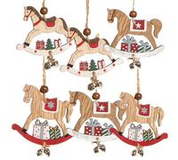 Ornements en Bois Cheval à Bascule, Lot de 6: Breloques Noël rustiques pour décoration Sapin, pendentifs Cadeaux, déco Festive Rouge et Blanche avec grelots, suspensions, 8 x 6,5 cm