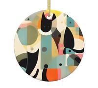 Ornements en céramique à motif chat moderne du milieu du siècle, pendentifs ronds, peuvent être accrochés sur les arbres de Noël ou les portes et fenêtres.
