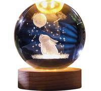 Ornements en Verre, Lapin gravé à Boule de Cristaux ＆ Lauteur de Boule de Lune Lumière en Cristaux 3D Lampe à Balle cristauxline 2,4 '' Globe en Verre avec Base en Bois pour Les Femmes Fille