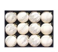 Ornements floqués de forme ronde traditionnelle avec paillettes pour un style intemporel de sapin de Noël (beige)