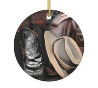Ornements ronds en céramique avec chapeau de cowboy noir bottes occidentales, peut être accroché sur les arbres de Noël ou les portes et fenêtres.