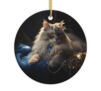 Ornements ronds en céramique avec impression chat fortune - Décorations de sapin de Noël, ajoutant de la chaleur et de l'éclat aux fêtes de fin d'année